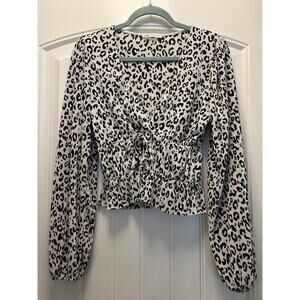 Zara Women’s Leopard Print Long Sleeve Top Size‎ M Beige Black Ribbed Tie Front